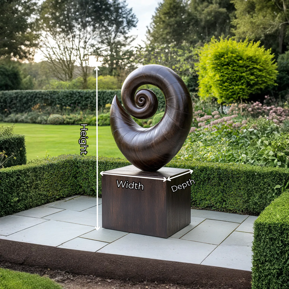 Solid Wood Spiral Shell Sculpture with Plinth for Gardens and Modern Landscapes