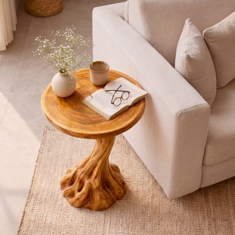 Organic Pedestal Solid Wood Side Table with Round Top for Living Room Decor