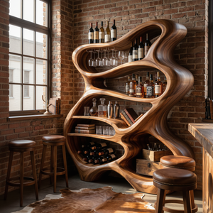 Handcrafted Solid Wood Bar Cabinet with Organic Open Shelves for Living Room