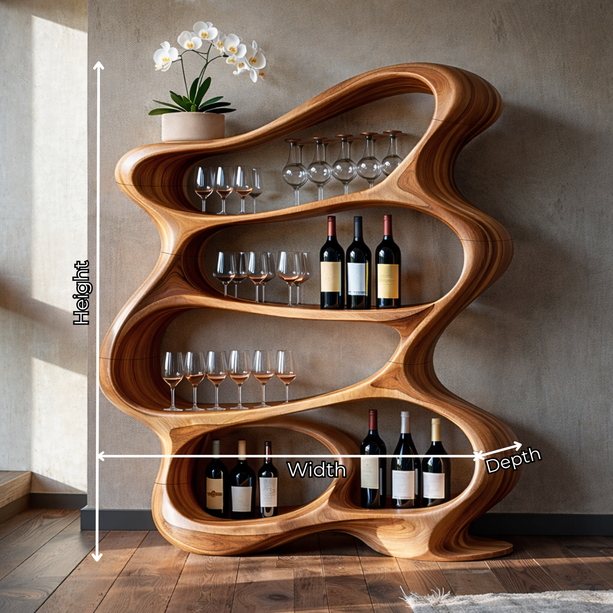 Handcrafted Solid Wood Wine Rack Cabinet with Flowing Open Shelves