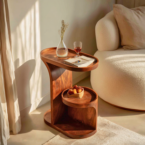 Two Level Tray Solid Wood Side Table with Lower Shelf for Living Room Decor