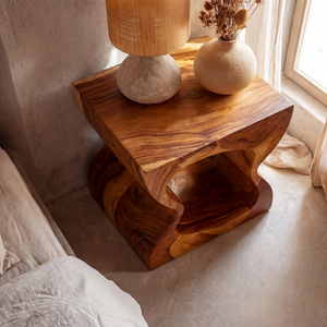 Handcrafted Solid Wood Nightstand with Sculptural Cutout Base for Bedroom