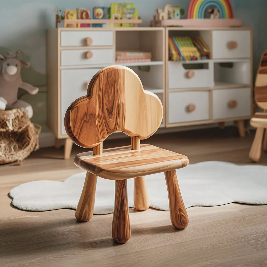 Solid Wood Kids Chair with Cloud Shaped Backrest for Nursery, Playroom or Learning Space