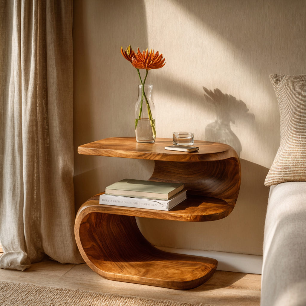 Handcrafted Solid Wood Sculptural Nightstand Table with Open Shelf for Bedroom