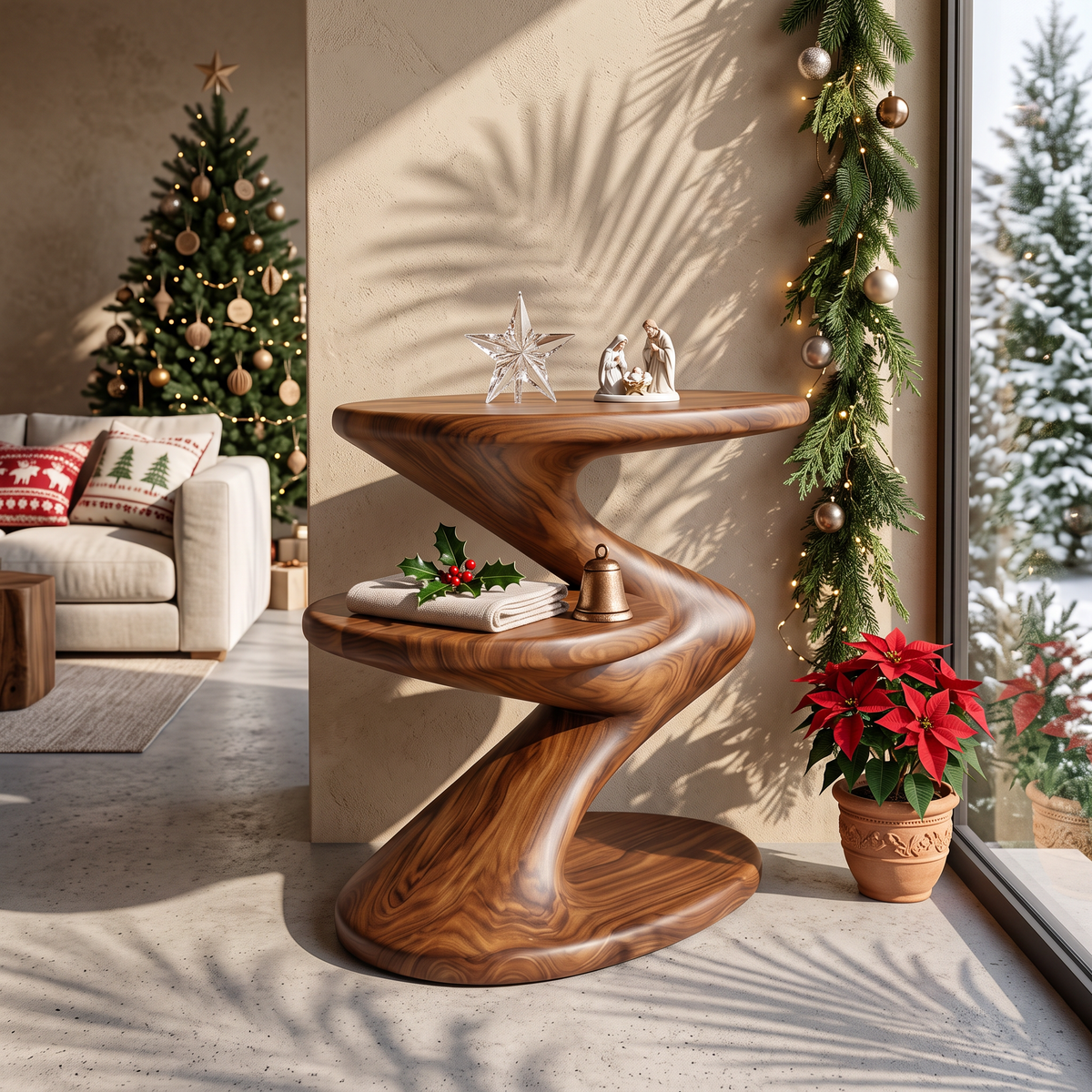 Two Tier Sculptural Solid Wood Side Table for Living Room and Lounge Styling