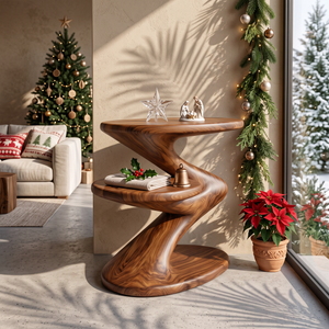 Two Tier Sculptural Solid Wood Side Table for Living Room and Lounge Styling