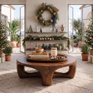 Round Solid Wood Coffee Table with Sculptural Open Base