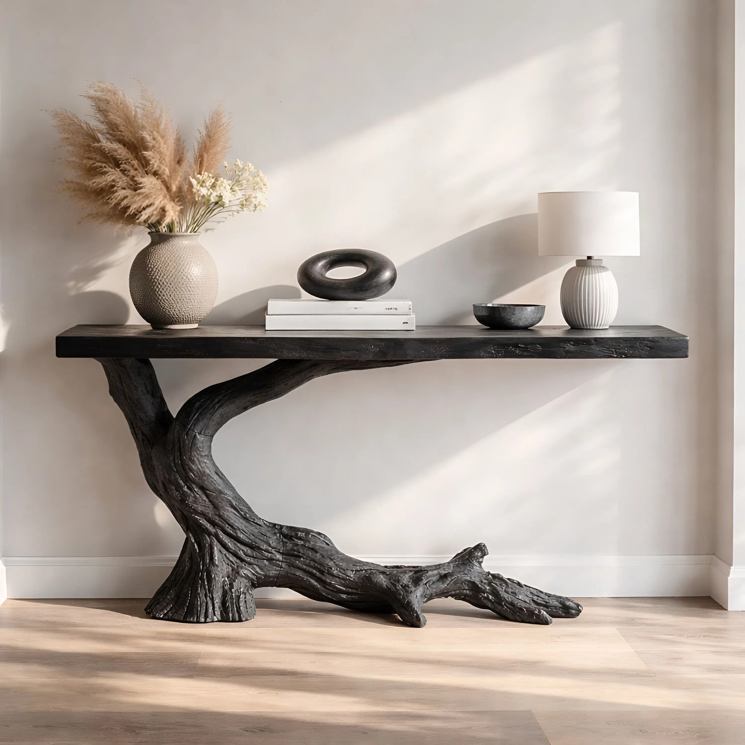 Sculptural Console Table with Charred Wood Inspired Branch Base