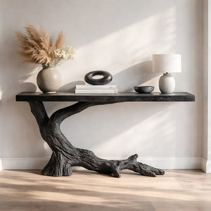 Sculptural Console Table with Charred Wood Inspired Branch Base