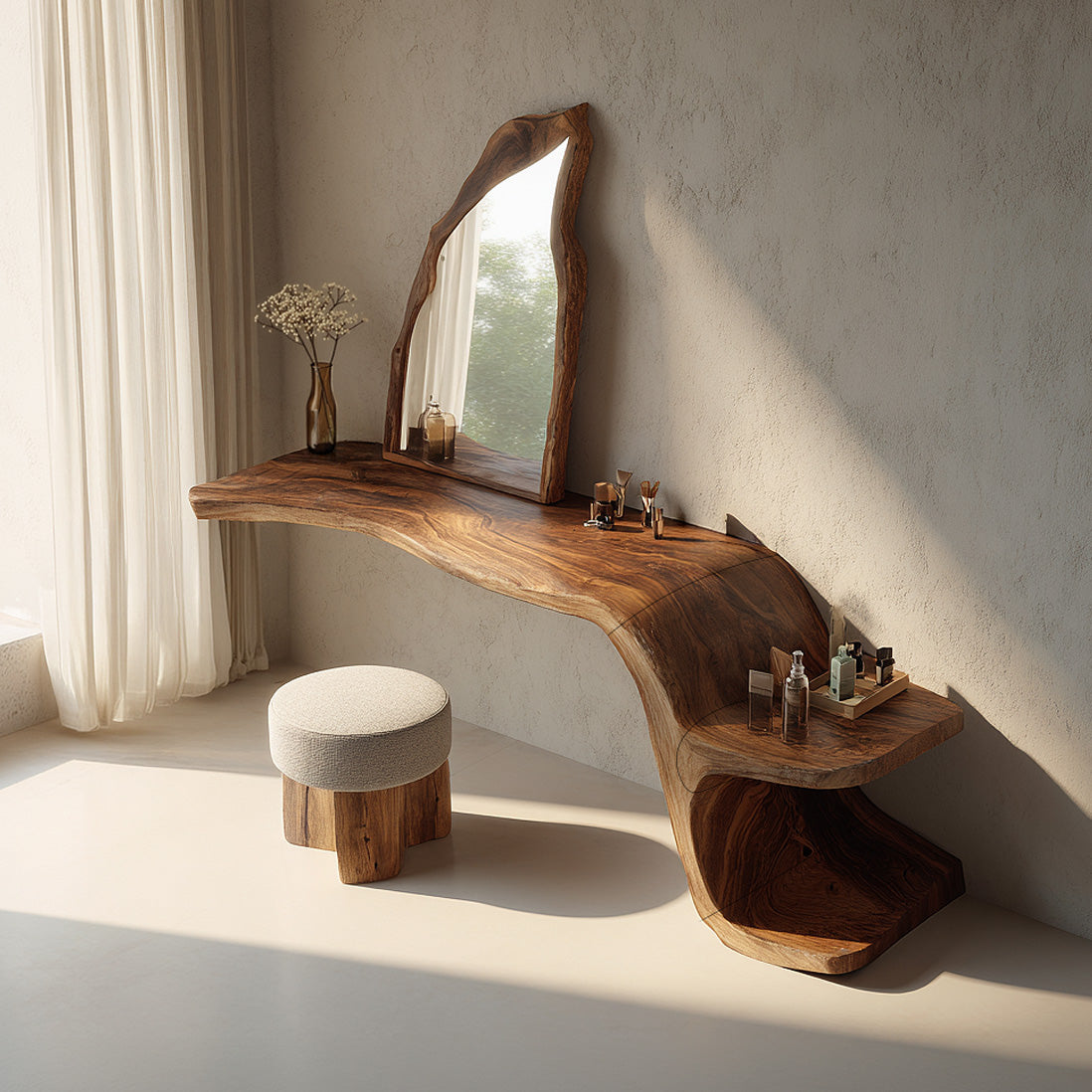 Live Edge Solid Wood Floating Vanity Table with Organic Sculptural Form