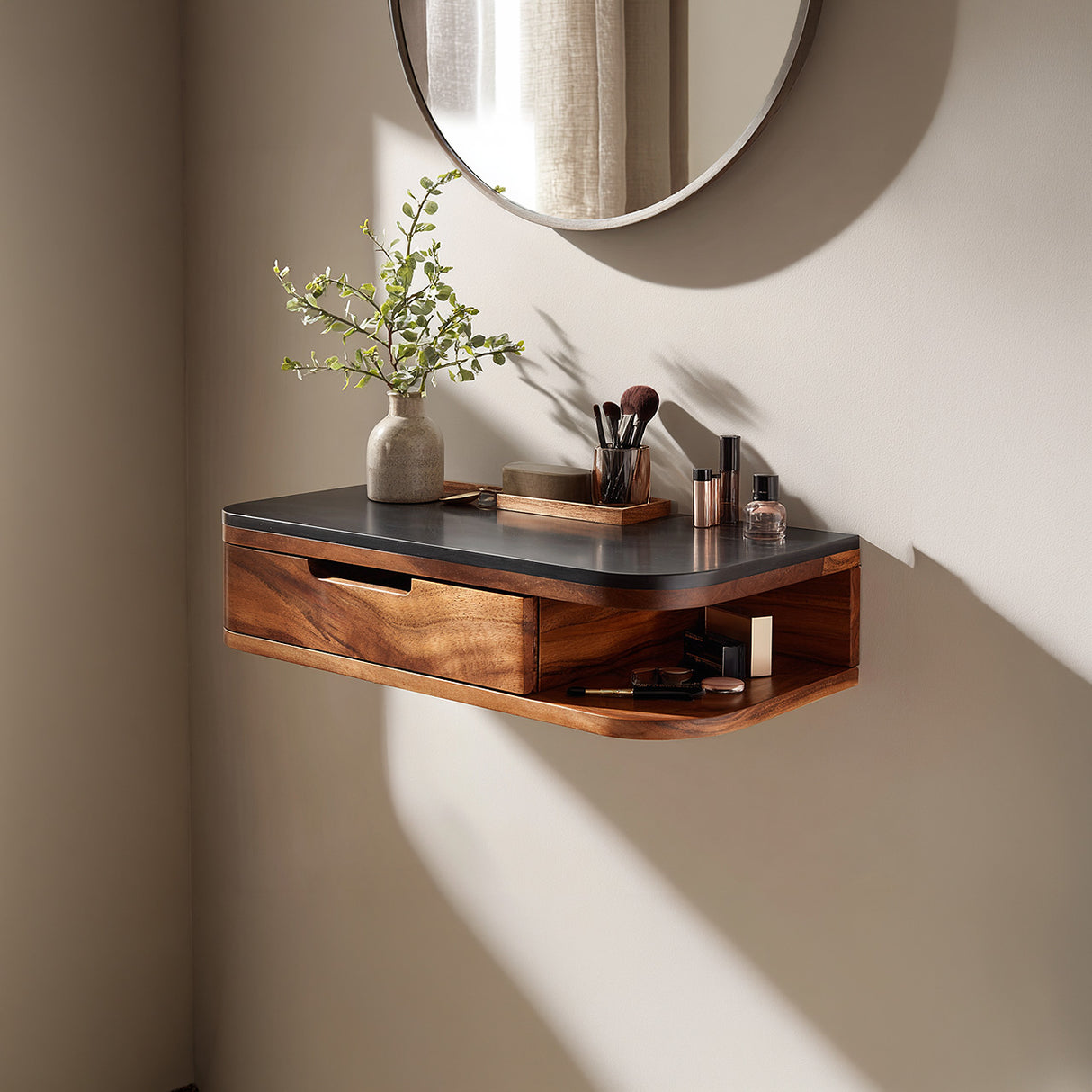 Floating Wood Vanity with Black Top