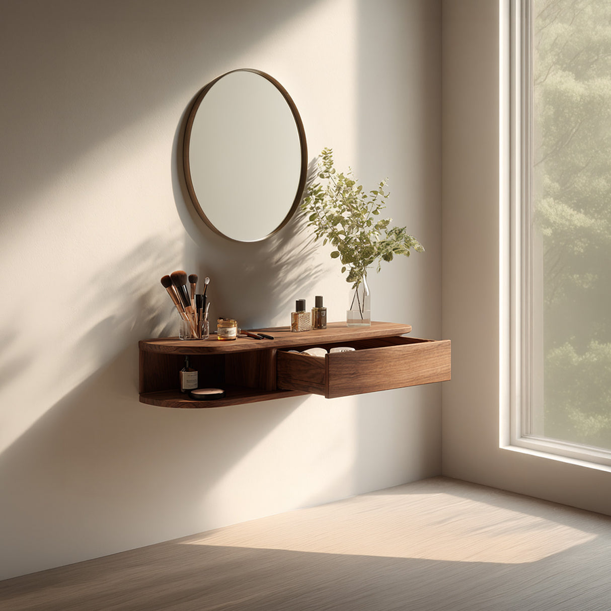 Floating Solid Wood Vanity with Soft-Curve Drawer