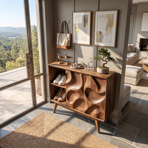 Handcrafted Solid Wood Shoe Cabinet with Sculptural Carved Doors and Open Side Shelves