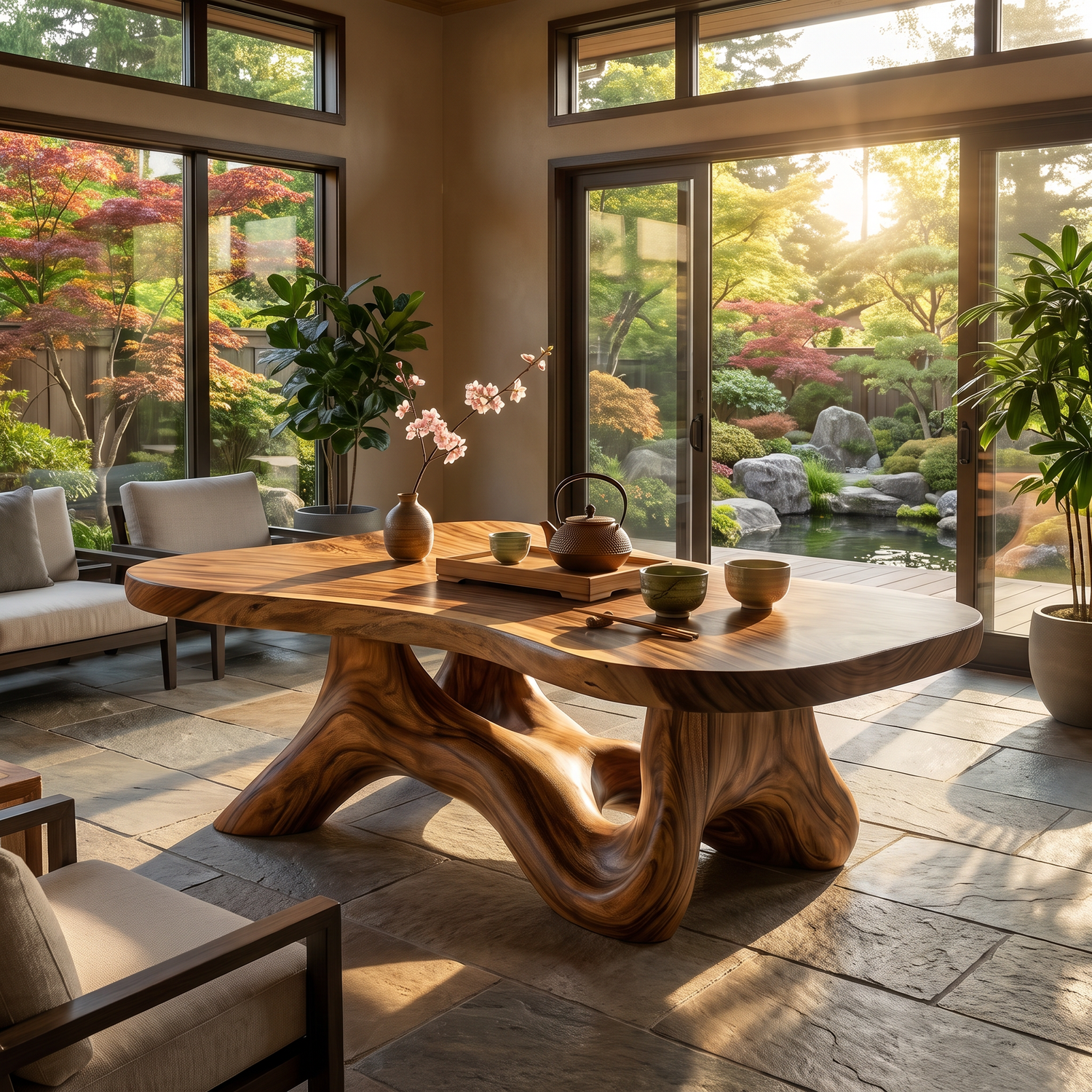 Solid Wood Coffee Table with Root-Like Sculptural Base for Living Room