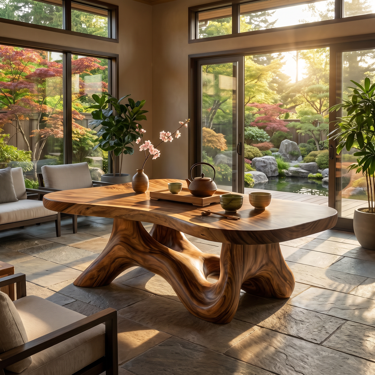 Solid Wood Coffee Table with Root-Like Sculptural Base for Living Room