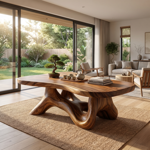 Solid Wood Coffee Table with Root-Like Sculptural Base for Living Room