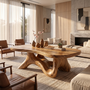 Solid Wood Coffee Table with Root-Like Sculptural Base for Living Room