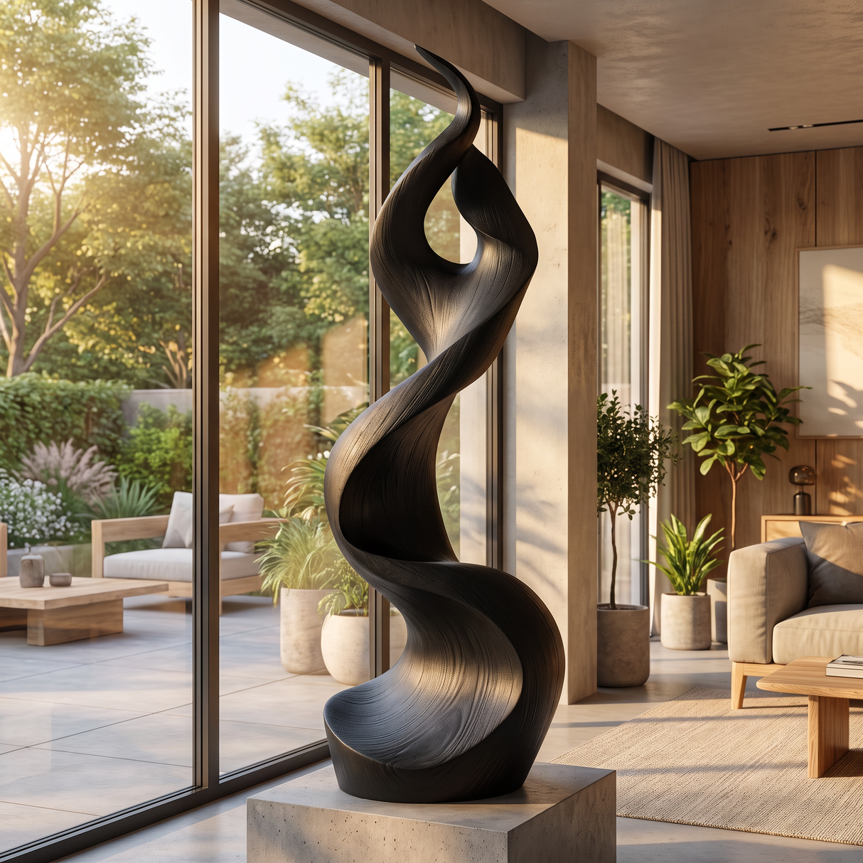 Outdoor Solid Wood Spiral Flame Sculpture for Gardens and Modern Landscapes