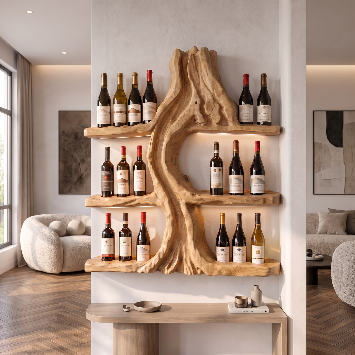 Wine Rack Wall Shelf Solid Wood Volcanic Inspired Design for Dining Room