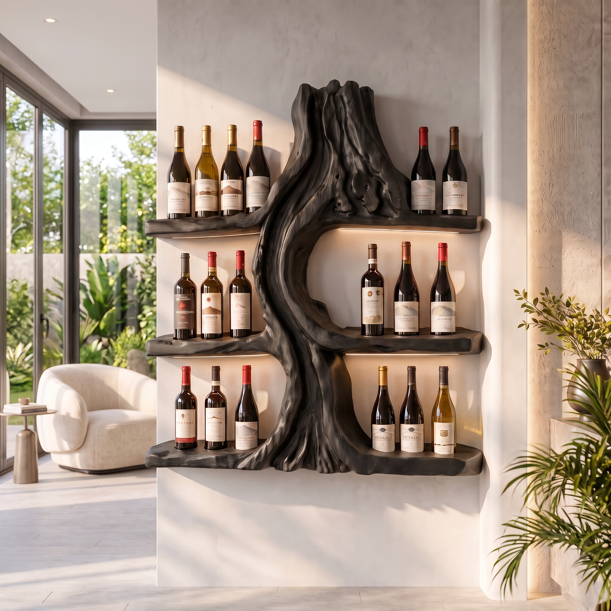 Wine Rack Wall Shelf Solid Wood Volcanic Inspired Design for Dining Room