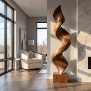 Tall Spiral Solid Wood Floor Sculpture with Plinth for Modern Living Rooms and Contemporary Interiors