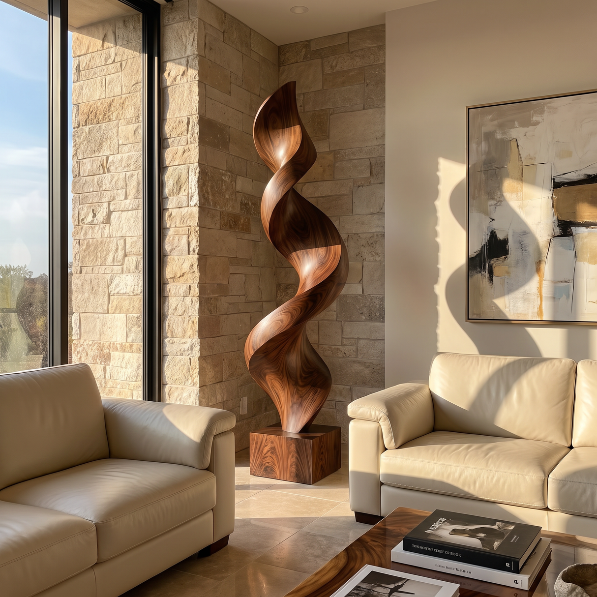 Tall Spiral Solid Wood Floor Sculpture with Plinth for Modern Living Rooms and Contemporary Interiors