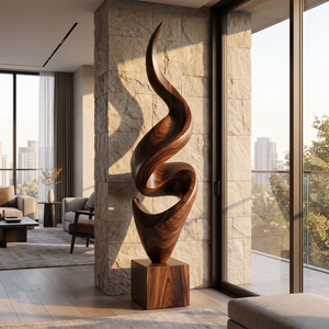 Tall Spiral Solid Wood Floor Sculpture with Plinth for Modern Living Rooms