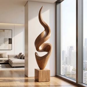 Tall Spiral Solid Wood Floor Sculpture with Plinth for Modern Living Rooms