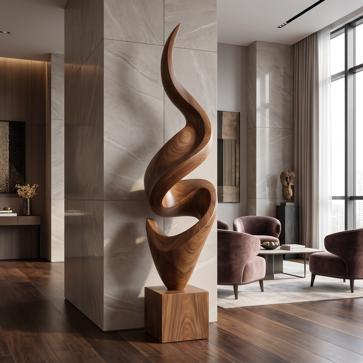 Tall Spiral Solid Wood Floor Sculpture with Plinth for Modern Living Rooms