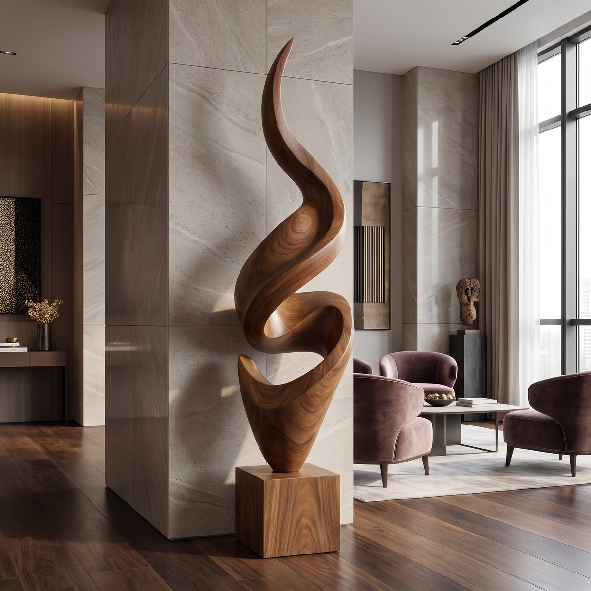 Tall Spiral Solid Wood Floor Sculpture with Plinth for Modern Living Rooms