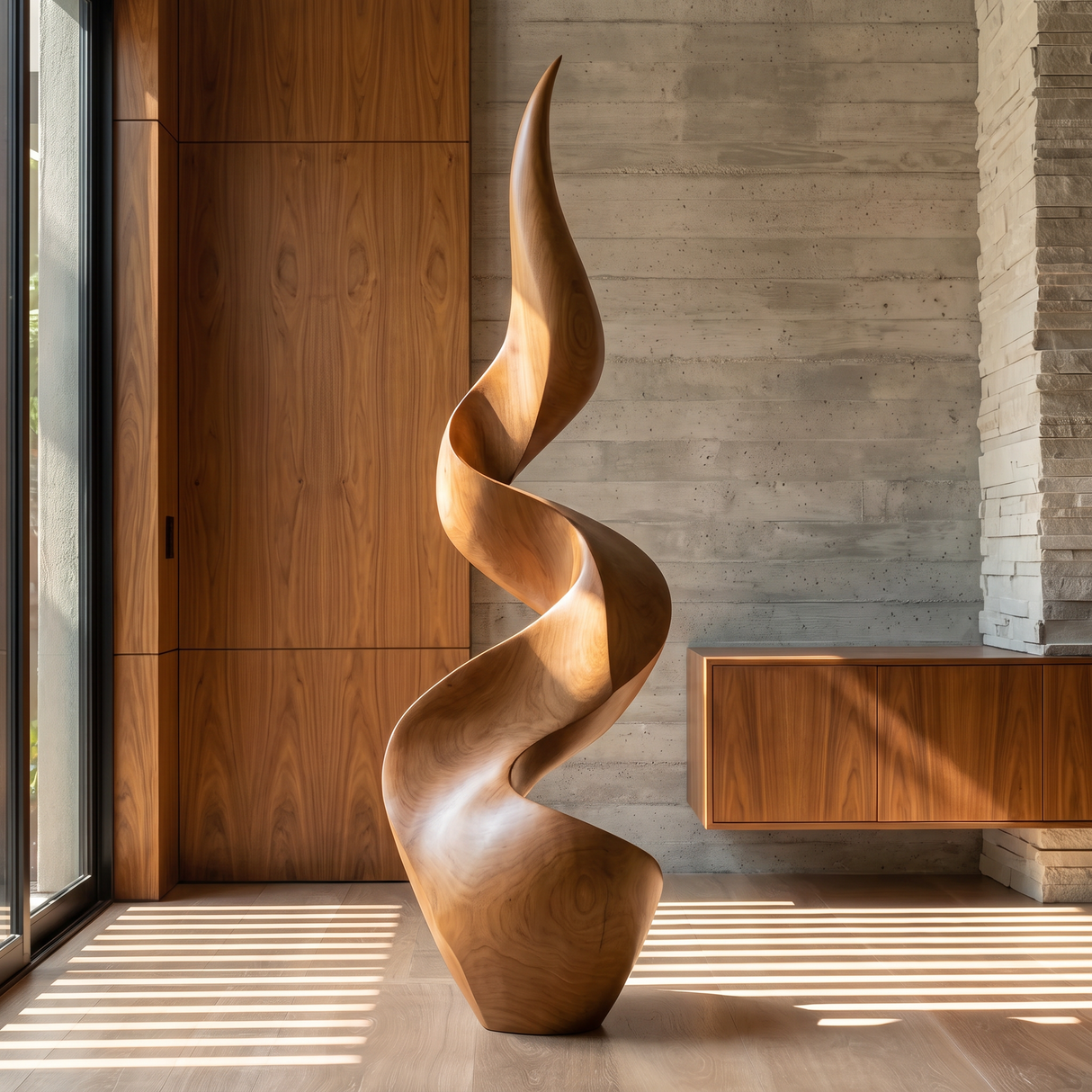 Tall Sculptural Solid Wood Spiral Floor Art for Modern Interiors