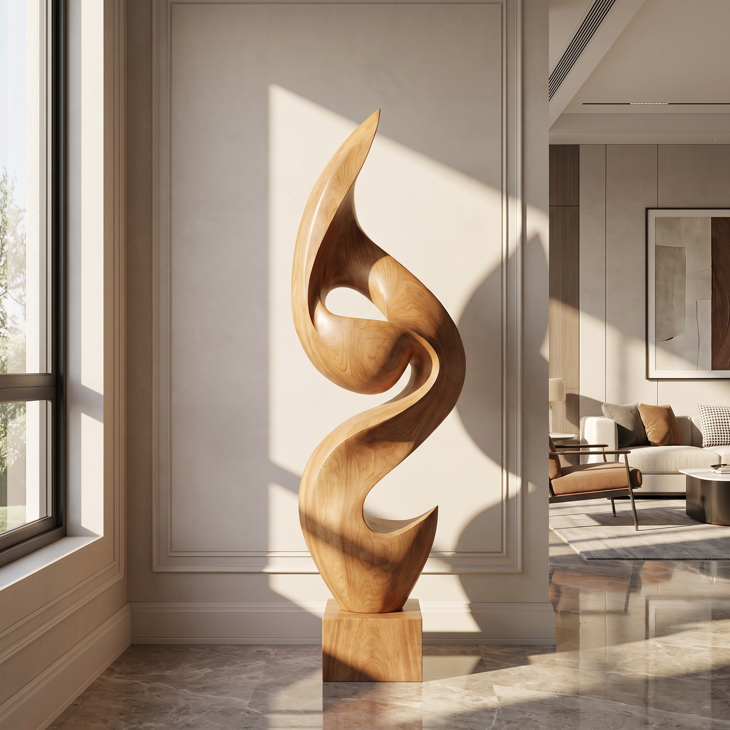 Tall Solid Wood Flowing Curve Floor Sculpture with Plinth for Modern Interiors