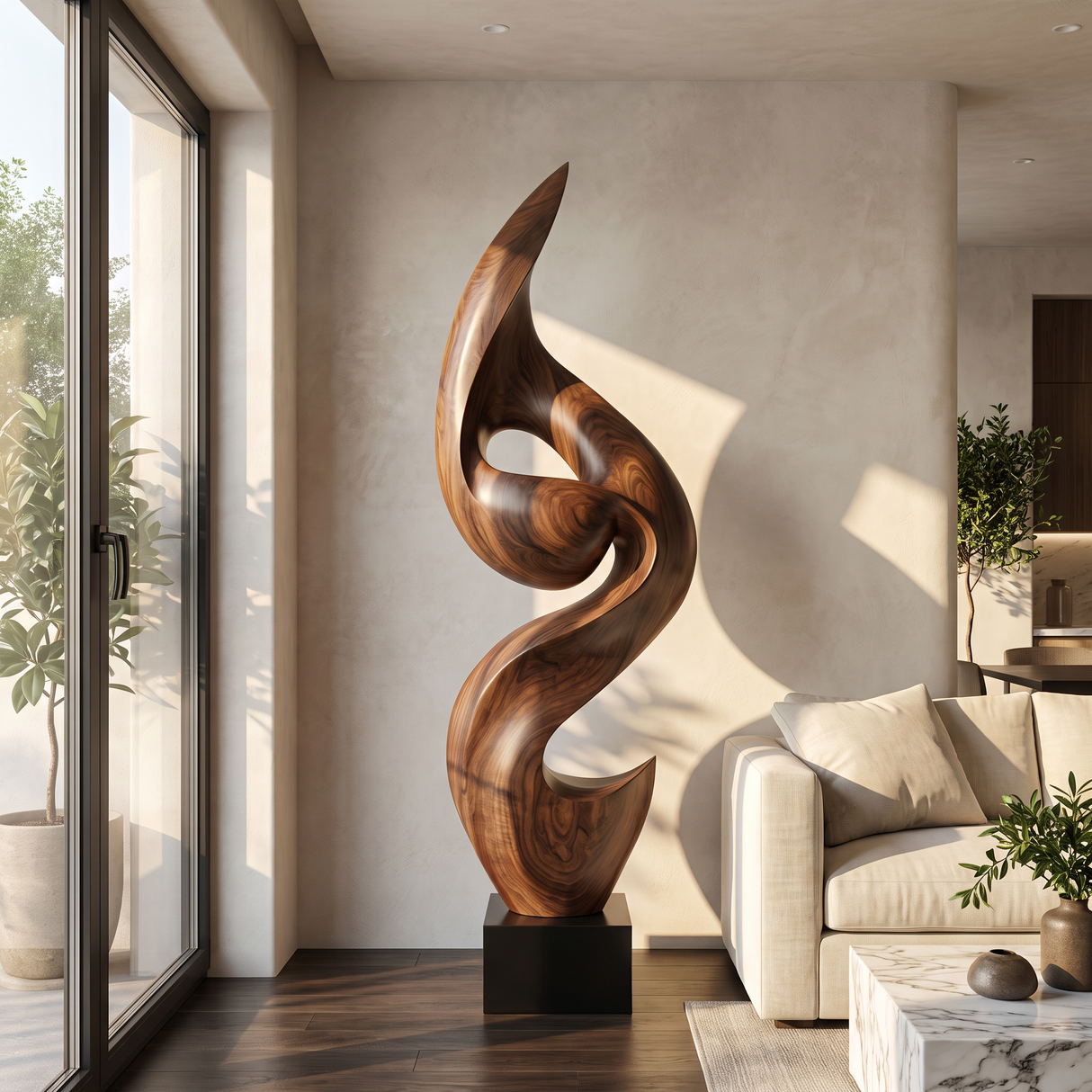 Tall Solid Wood Flowing Curve Floor Sculpture with Plinth for Modern Interiors