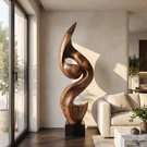 Tall Solid Wood Flowing Curve Floor Sculpture with Plinth for Modern Interiors