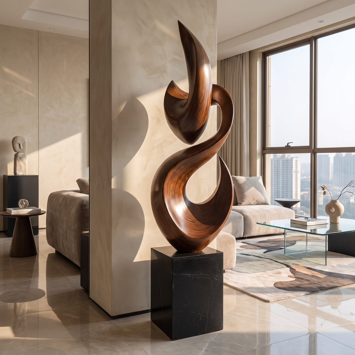 Tall Solid Wood Flame Floor Sculpture with Plinth for Modern Living Rooms