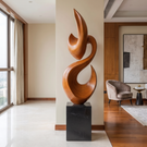 Tall Solid Wood Flame Floor Sculpture with Plinth for Modern Living Rooms