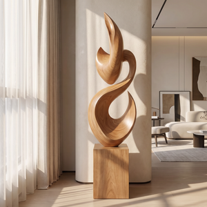 Tall Solid Wood Flame Floor Sculpture with Plinth for Modern Living Rooms