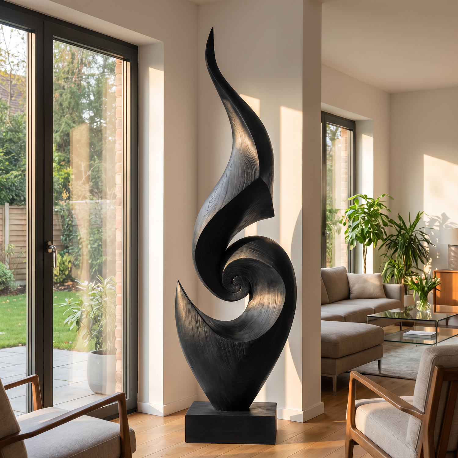 Tall Abstract Solid Wood Floor Sculpture for Luxury Living Room Interiors