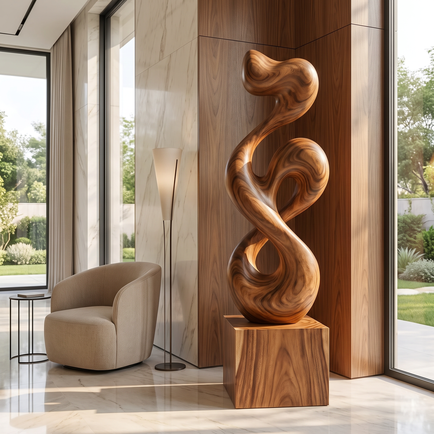Organic-Form Solid Wood Sculpture for Living Rooms and Offices