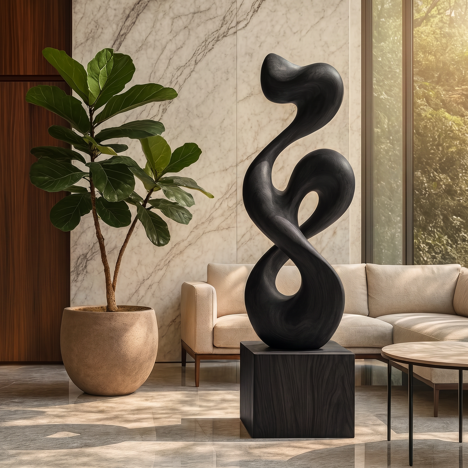 Organic-Form Solid Wood Sculpture for Living Rooms and Offices