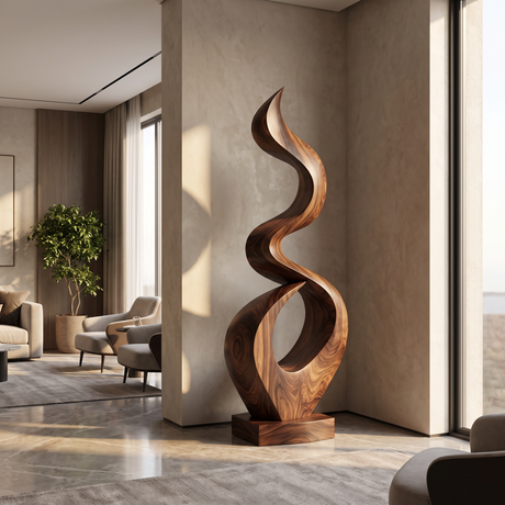 Outdoor Solid Wood Spiral Flame Sculpture for Courtyards, Patios, and Modern Gardens