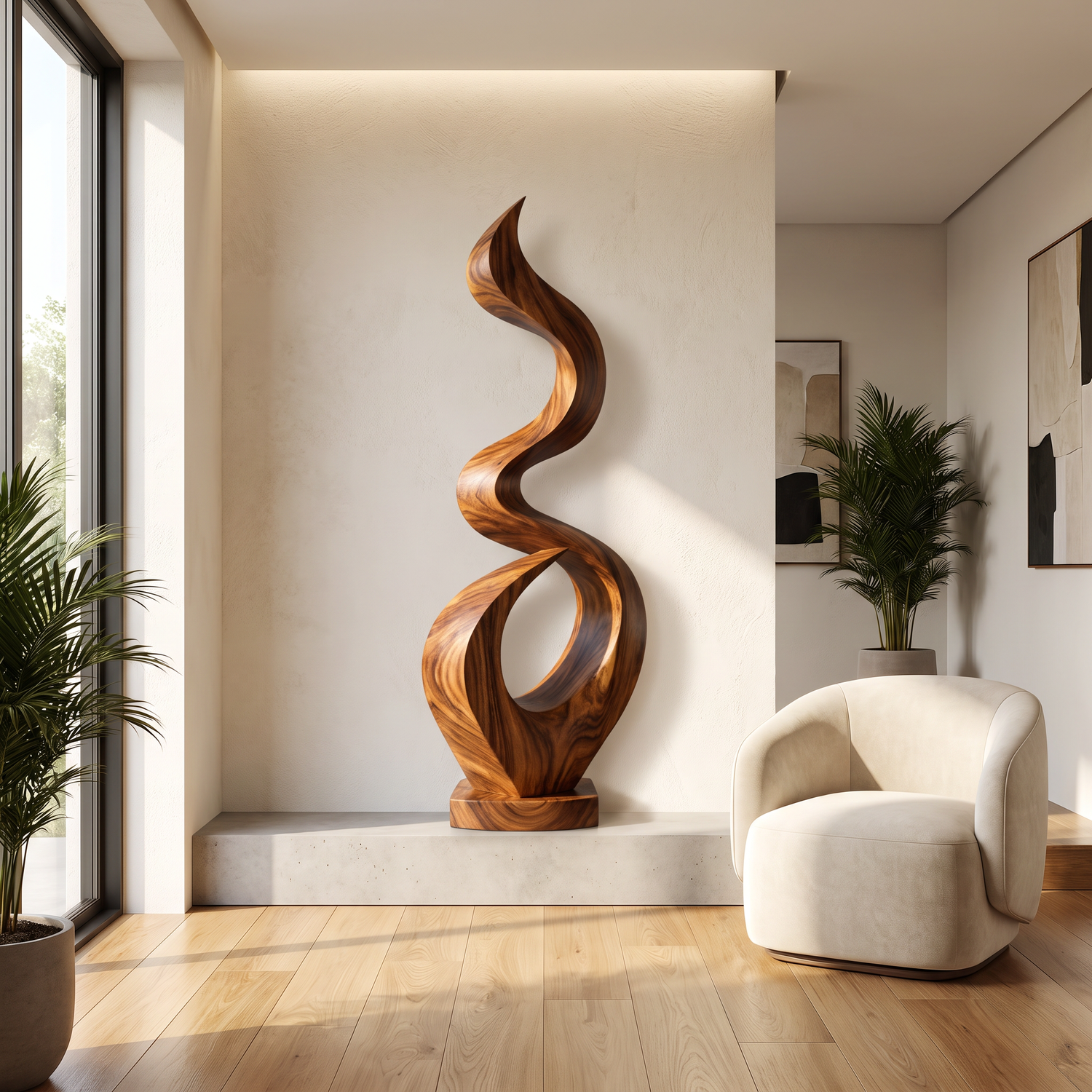 Outdoor Solid Wood Spiral Flame Sculpture for Courtyards, Patios, and Modern Gardens