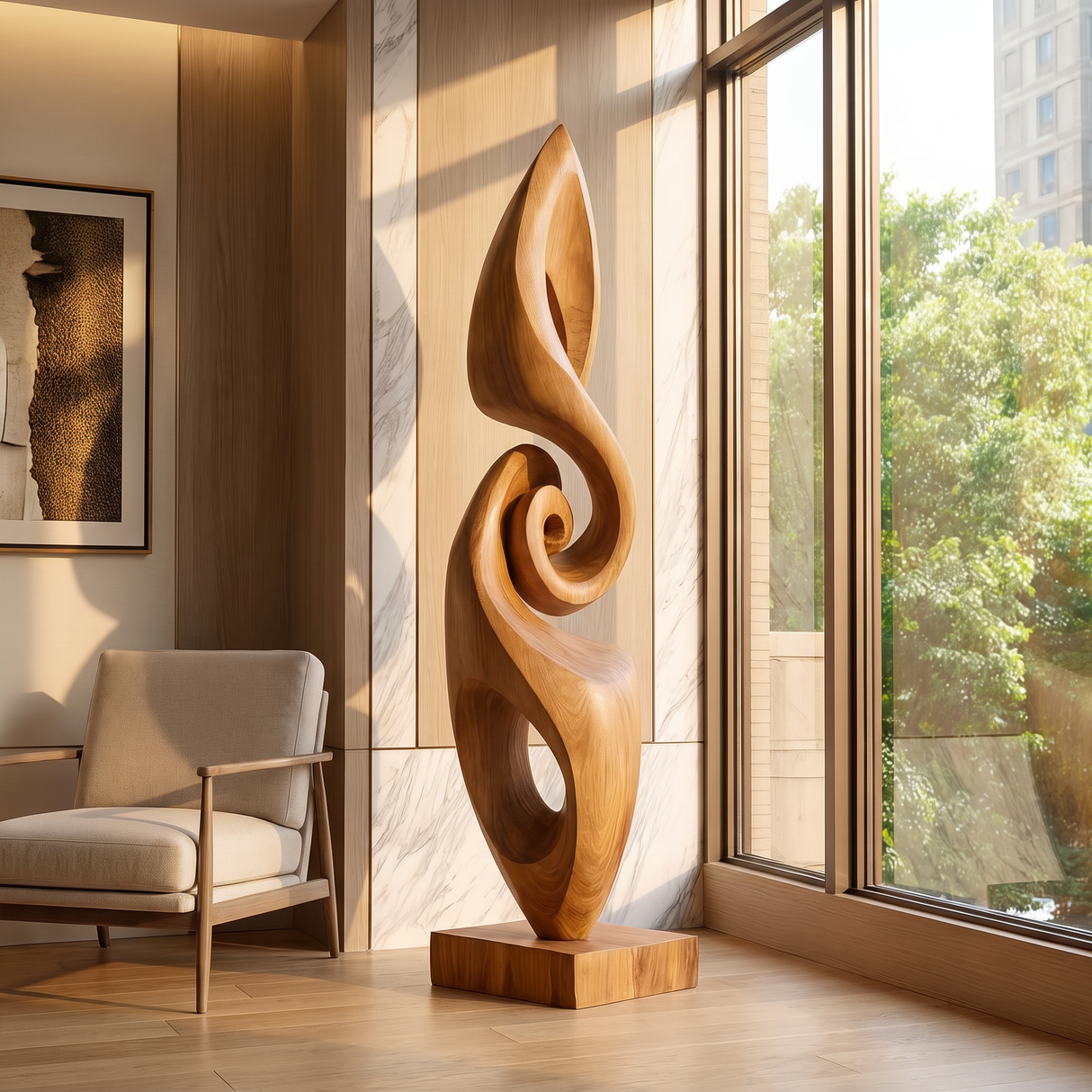 Modern Solid Wood Abstract Flow Sculpture for Living Room Art Display