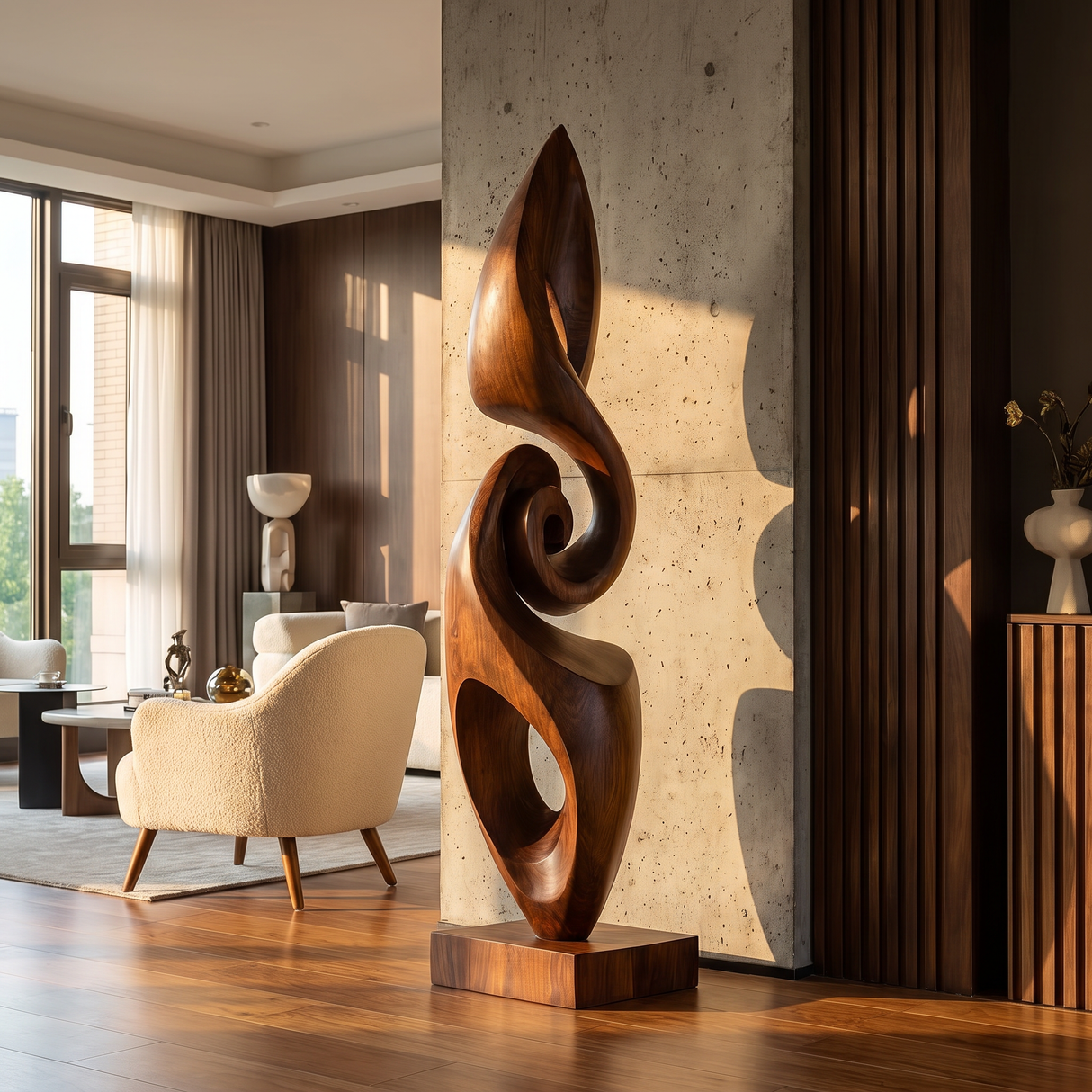 Modern Solid Wood Abstract Flow Sculpture for Living Room Art Display