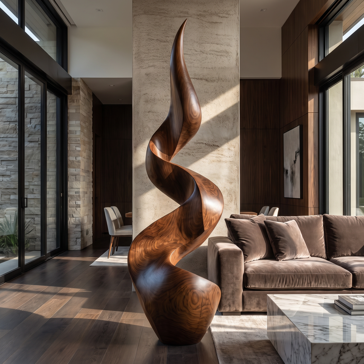 Tall Sculptural Solid Wood Spiral Floor Art for Modern Interiors