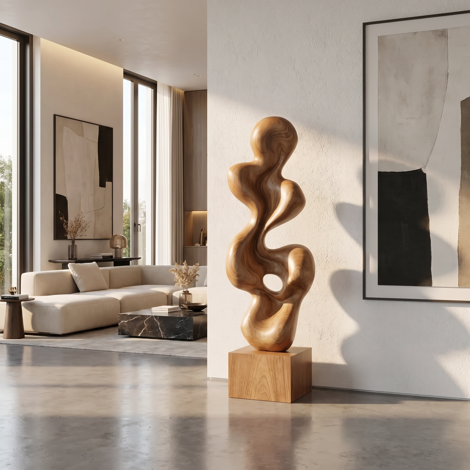 Hand-Carved Abstract Solid Wood Sculpture for Luxury Modern Interiors