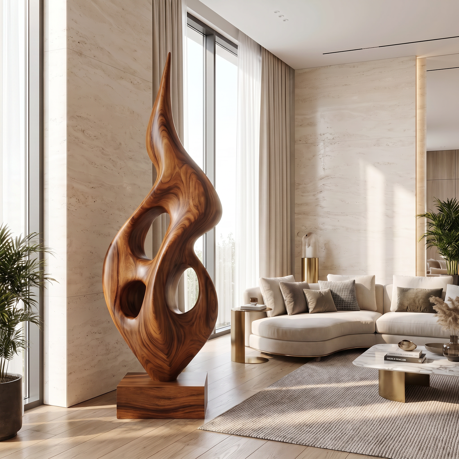 Tall Openwork Solid Wood Flame Sculpture with Plinth for Modern Living Rooms