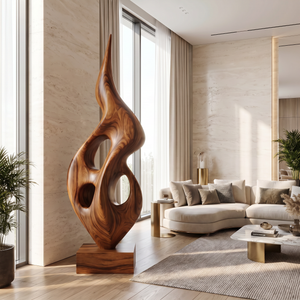 Tall Openwork Solid Wood Flame Sculpture with Plinth for Modern Living Rooms