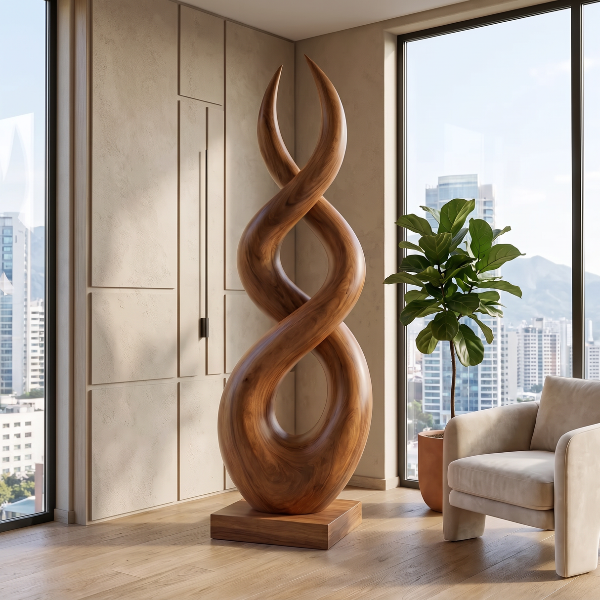 Handcrafted Solid Wood Infinity Twist Sculpture for Entryway and Living Room Decor