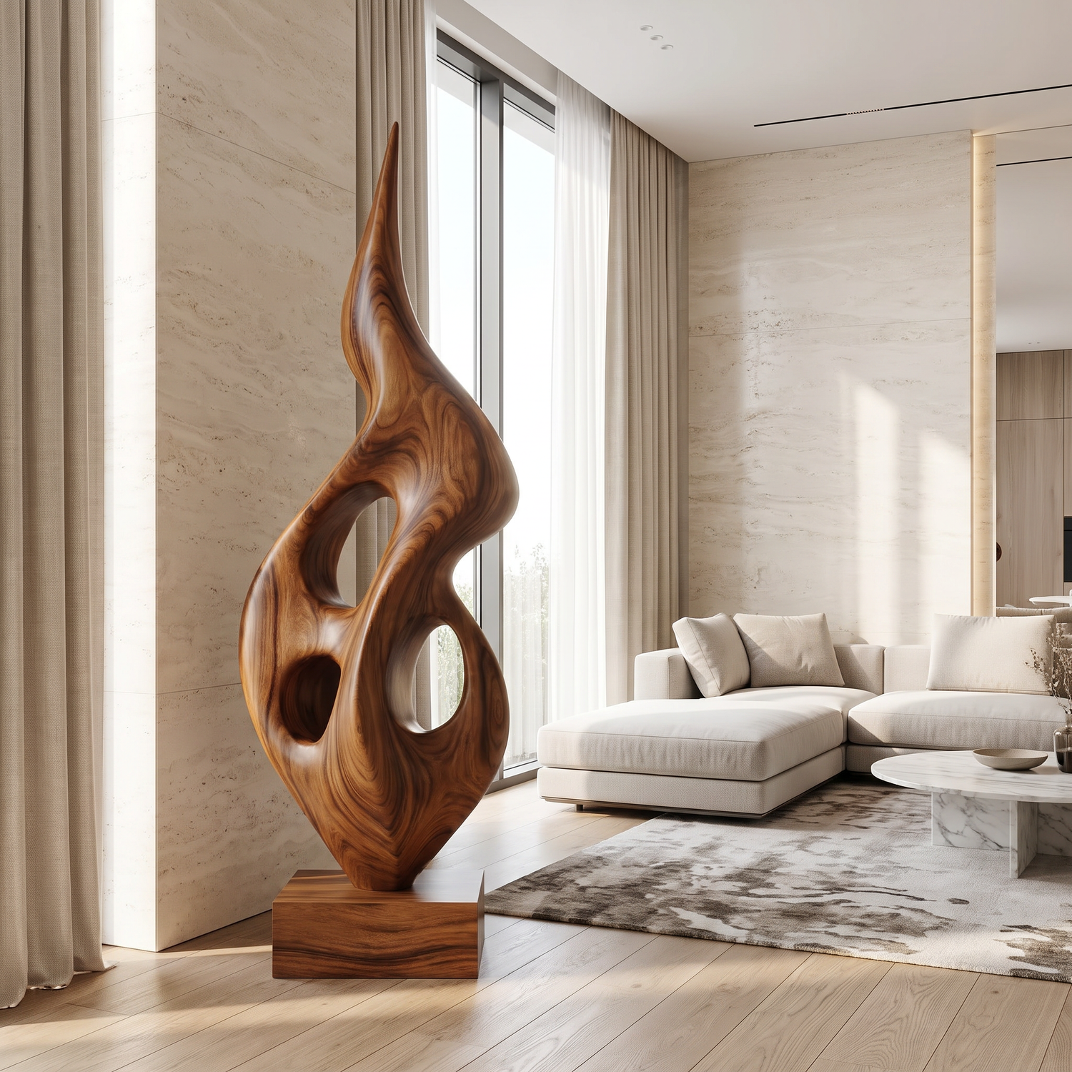 Tall Openwork Solid Wood Flame Sculpture with Plinth for Modern Living Rooms
